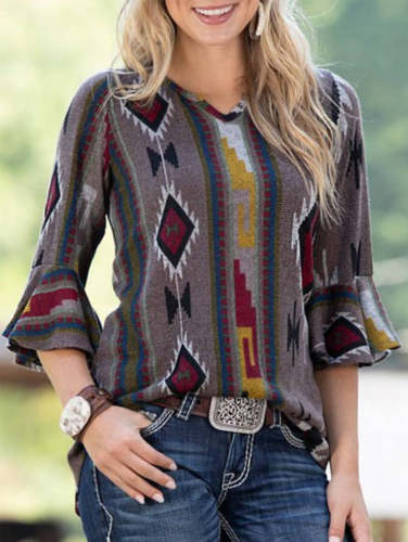 Women's T-Shirt Geo Pattern Geometric Aztec Western Style V Neck Ruffle Sleeve Top