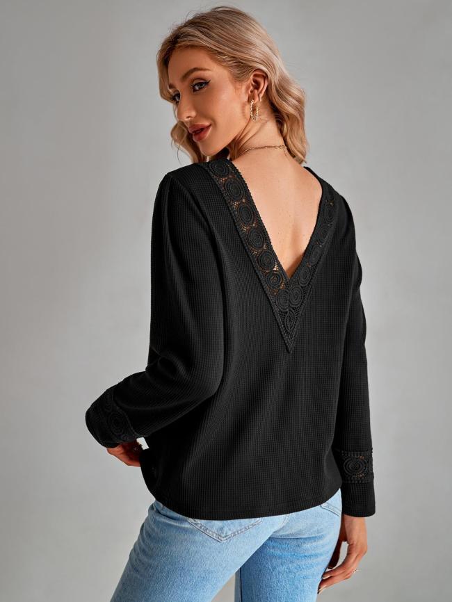 Women's T-Shirt V-Neck/Crew Neck Two Wear Style Long Sleeve Knitted Top