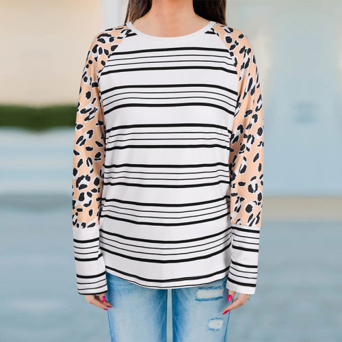 Women's T-Shirt Striped Print Leopard Long Sleeve Crew Neck Casual T-Shirt