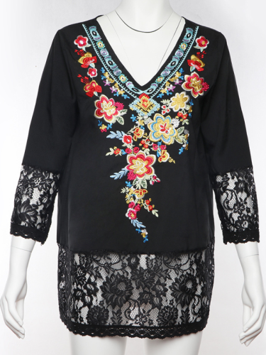 Women's Blouse Top Embroidery Floral V-Neck Lace Patchwork Ladies Blouse