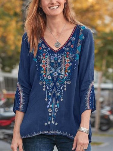 Women's Blouse V-Neck Embroidery Floral Pattern Casual Ladies Blouse Top