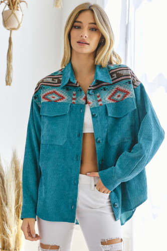 Women Green Aztec Color Block Aztec Geometric Print Corduroy Shacket Jacket For Fall Outfit