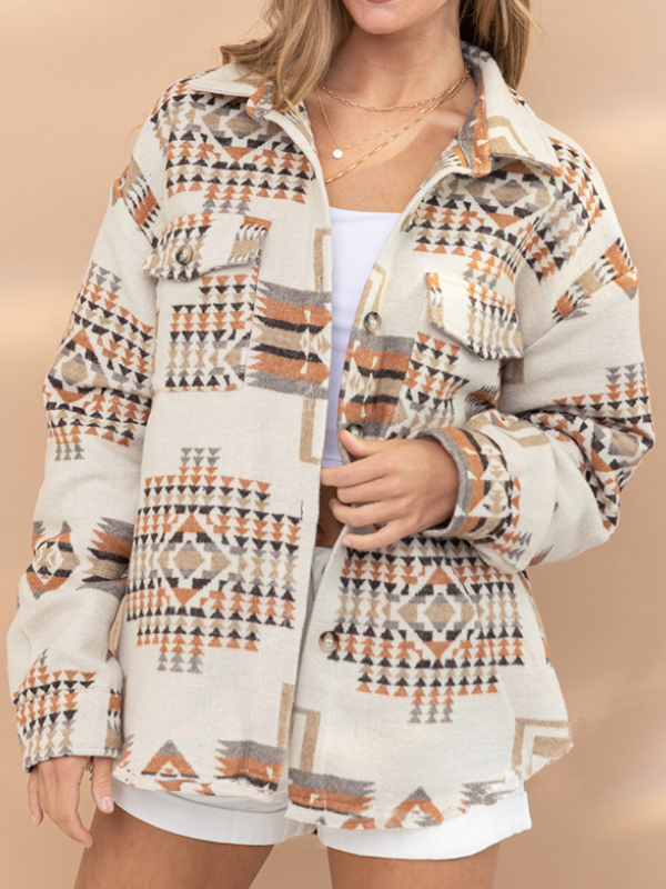 Women's Jacket Aztec Geo Patttern Lapel Long Sleeve Oversize Geometric Loose Shirt Jacket Shacket