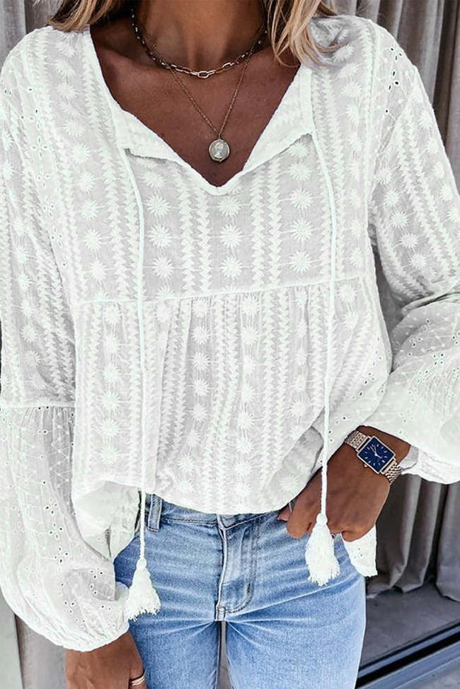 Women All White Boho Embroidery Drawstring V Neck Top Relax Fitting Boho Floral Blouses