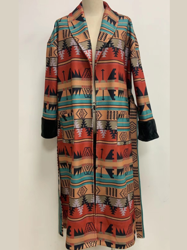 Women Aztec Geometric Statement all-over Aztec Print Trench Long Cardigan Coat Double Print Aztec Boho Style Outfit Jacket