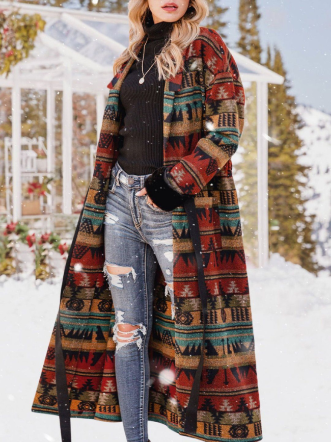 Women Aztec Geometric Statement all-over Aztec Print Trench Long Cardigan Coat Double Print Aztec Boho Style Outfit Jacket
