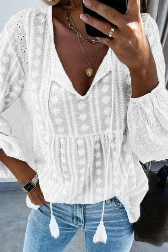 Women All White Boho Embroidery Drawstring V Neck Top Relax Fitting Boho Floral Blouses
