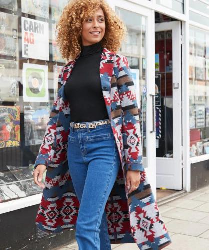 Women Striking Aztec-inspired Trench Coat Double Print Aztec Trible Outfit Jacket With Red, Blue, Brown Mix Color Trench Long Coat