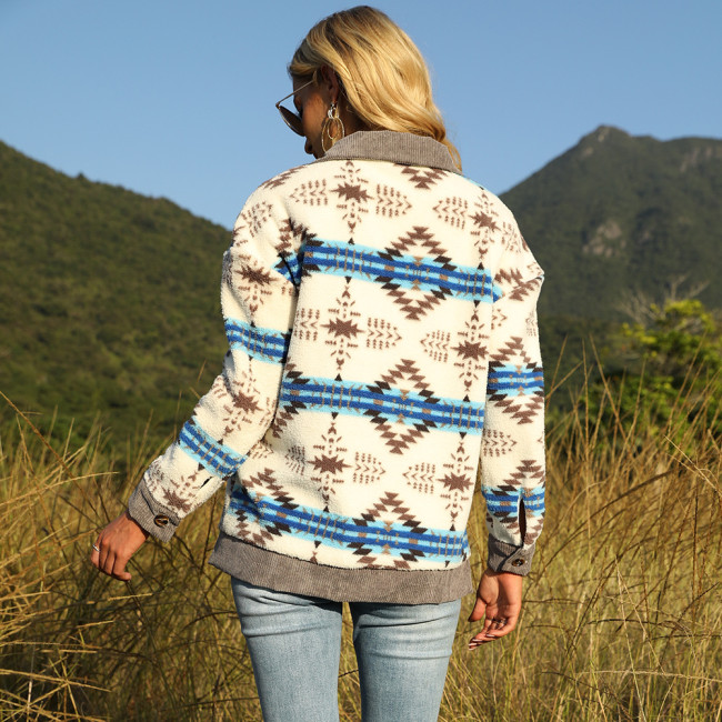 Women's Jacket Aztec Geo Patttern Lapel Long Sleeve Loose Short Jacket Shacket