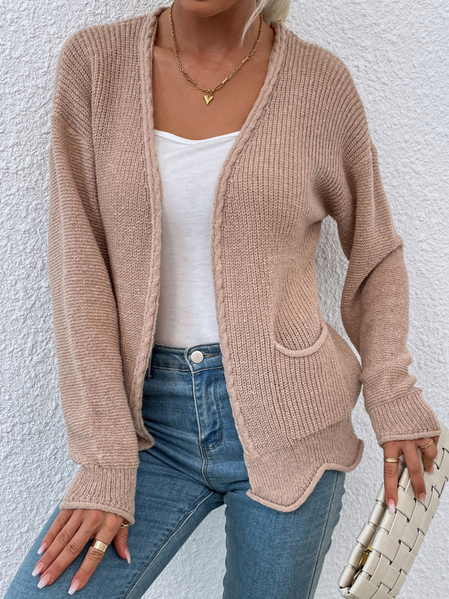 Women's Sweater Solid Color Long Sleeve Wave Shape Knitted Cardigan