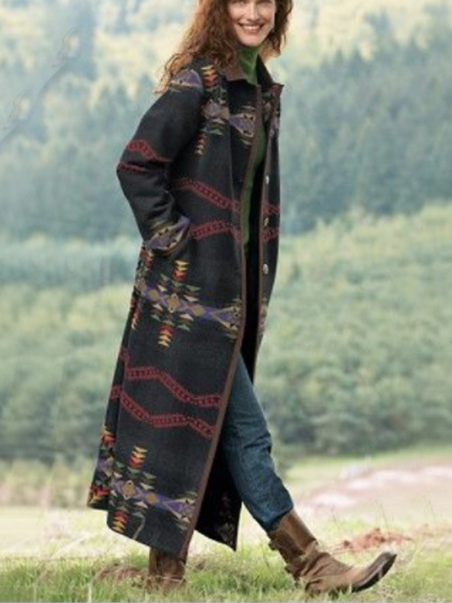 Women Oversize Black Aztec Geometric Statement all-over Aztec Print Trench Long Trible Print Cardigan  Lapel Coat For Fall Winter