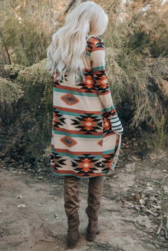 Women's Long Cardigan Multicolor Geometric Aztec Western Pattern Open Front Cardigan