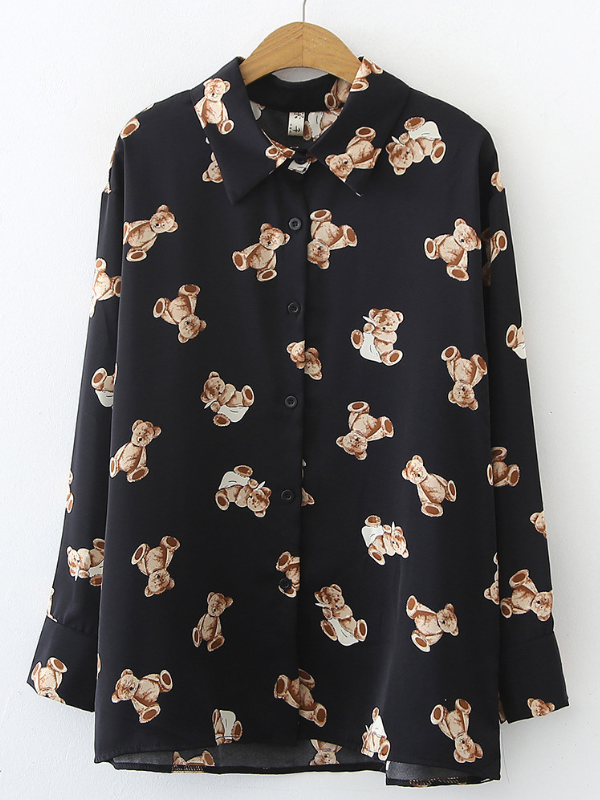 Women's Shirt Teddy Bear Pattern Long Sleeve Light Weight Chiffon Shirt