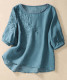Women's Boho Shirts Crew-Neck Mid-Sleeve Embroidery Leaf Pattern Cotton Blouse Top