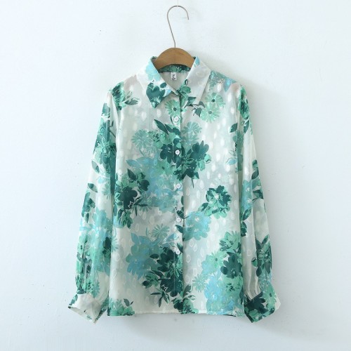 Women's Shirts Long Sleeve Lapel Green Floral Print Chiffon Shirt