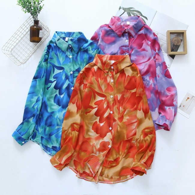 Women's Shirt Tie Dye Waterdrop Pattern Long Sleeve Light Weight Chiffon Shirt