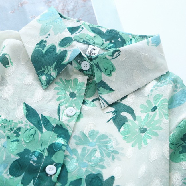 Women's Shirts Long Sleeve Lapel Green Floral Print Chiffon Shirt