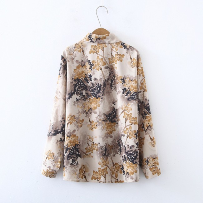 Women's Shirt Waterdrop Floral Pattern Long Sleeve Light Weight Chiffon Blouse Top