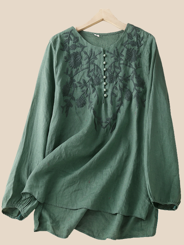 Women's Blouse Embroidered Floral Pattern Shirt Crew Neck Long Sleeve Loose Blouse