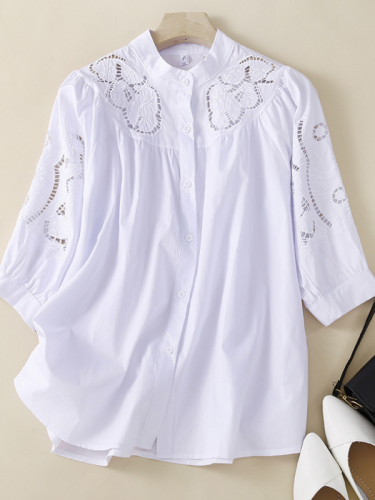 Women's Blouse Hollow Out 3/4 Lantern Sleeve Embroidered Shirt Stand Collar Loose Blouse