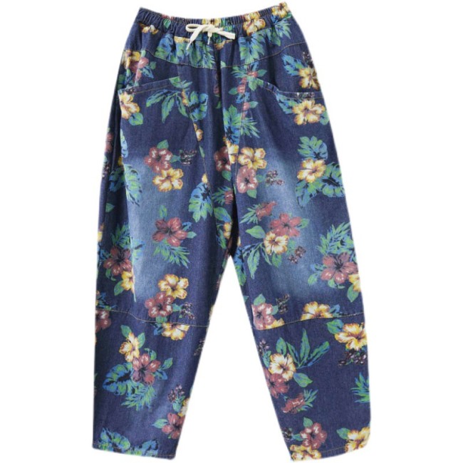 Women's Harem Pants Floral Printed Elastic Waist Denim Pants with Big Pocket