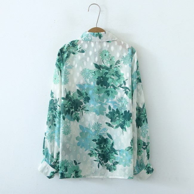 Women's Shirts Long Sleeve Lapel Green Floral Print Chiffon Shirt