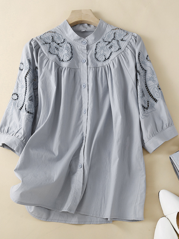 Women's Blouse Hollow Out 3/4 Lantern Sleeve Embroidered Shirt Stand Collar Loose Blouse