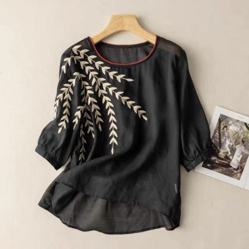 Women's Boho Shirts Crew-Neck Mid-Sleeve Embroidery Leaf Pattern Cotton Blouse Top