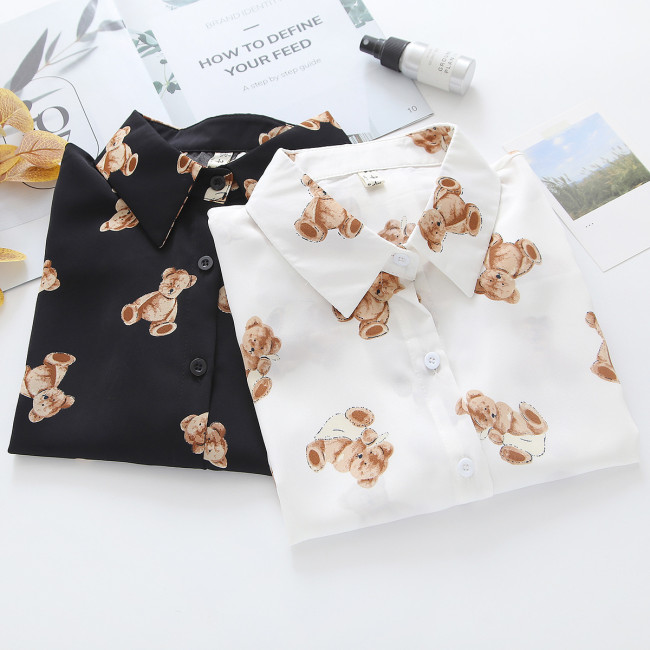 Women's Shirt Teddy Bear Pattern Long Sleeve Light Weight Chiffon Shirt