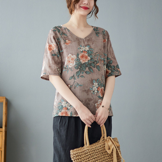 Women's Cotton Linen Blouse Floral Pattern Ethnic Style Loose V-Neck Mid Sleeve Shirt