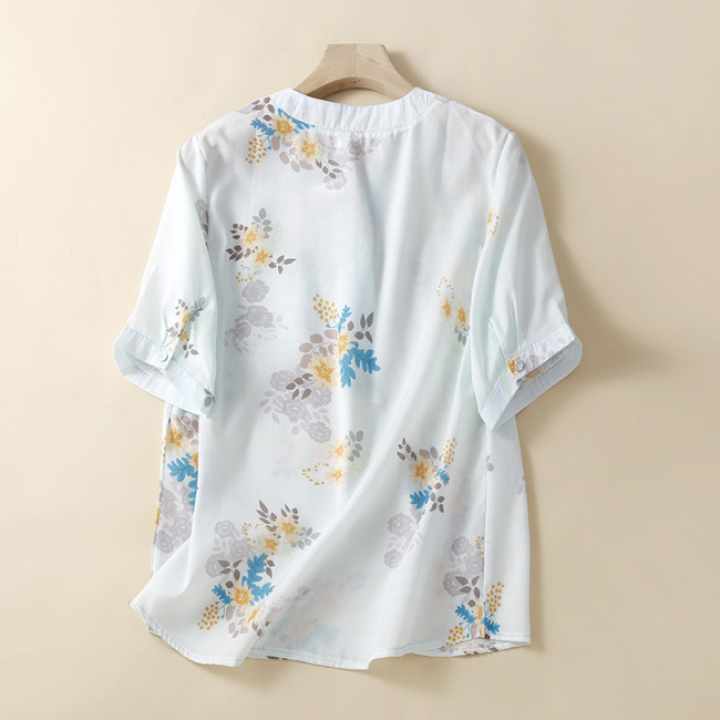 Women's Cotton Linen Shirt Floral Print V-Neck Half Button Light Weight Blouse Top