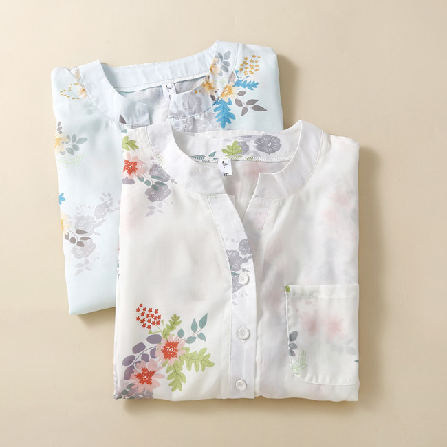 Women's Cotton Linen Shirt Floral Print V-Neck Half Button Light Weight Blouse Top