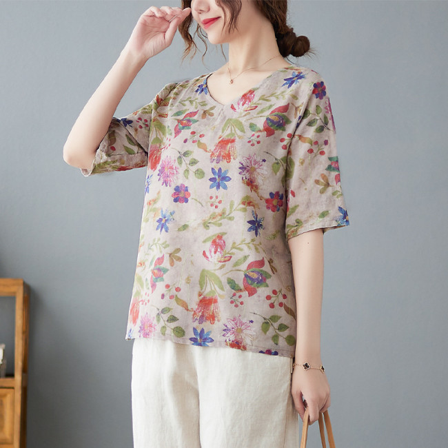 Women's Cotton Linen Blouse Floral Pattern Vintage Shirt V Neck Mid Sleeve Loose Top