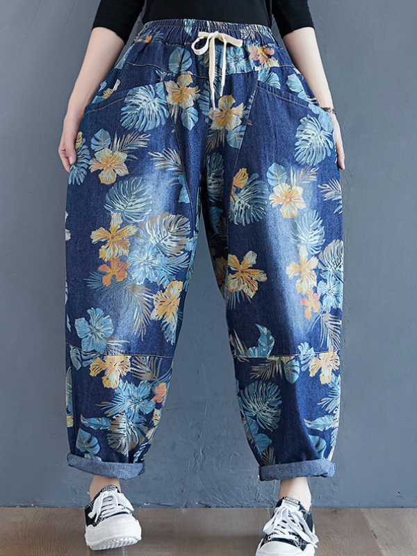 Women's Harem Pants Floral Printed Elastic Waist Carrot Denim Pants