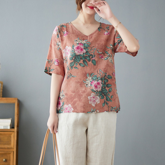 Women's Cotton Linen Blouse Floral Pattern Ethnic Style Loose V-Neck Mid Sleeve Shirt