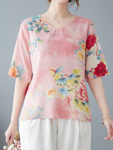 Women's Cotton Linen Blouse Floral Pattern Vintage Shirt V Neck Mid Sleeve Loose Lightweight Top