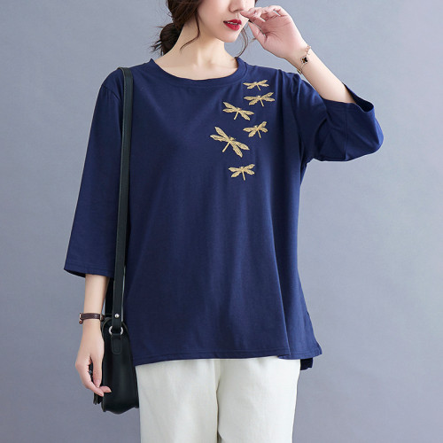 Women's Cotton Blouse Embroidery Dragonfly Pattern Crew-Neck Mid Sleeve Loose Top