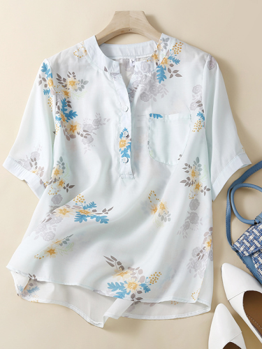 Women's Cotton Linen Shirt Floral Print V-Neck Half Button Light Weight Blouse Top