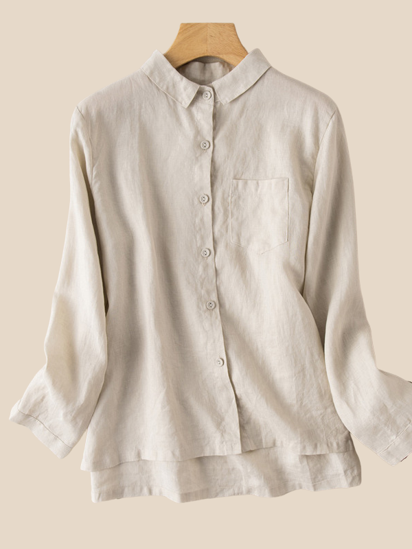 Women's Cotton Linen Shirt Lapel Collar Front Pocket Ladies Linen Vintage Blouse Top
