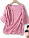 Women's Cotton Linen Blouse Embroidery Floral V-Neck Mid Sleeve Loose Light Weight Linen Top