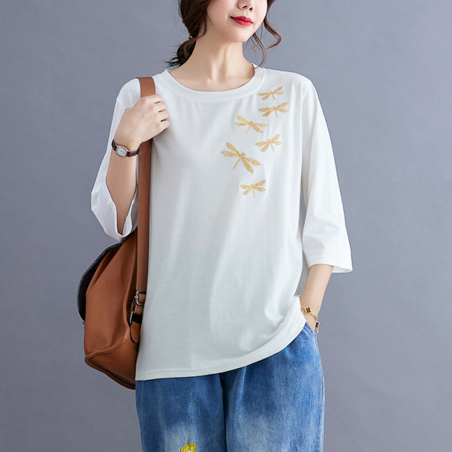 Women's Cotton Blouse Embroidery Dragonfly Pattern Crew-Neck Mid Sleeve Loose Top