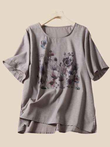 Women's Cotton Linen T-Shirt Vintage Floral Print U Neck Loose Casual Top