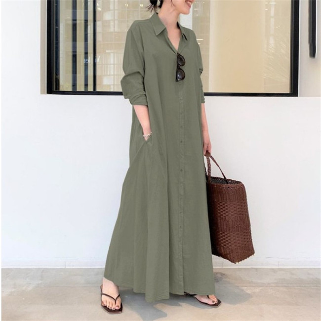 Women's Dress Cotton Linen Lapel Collar Single Breasted Loose Maxi Dress