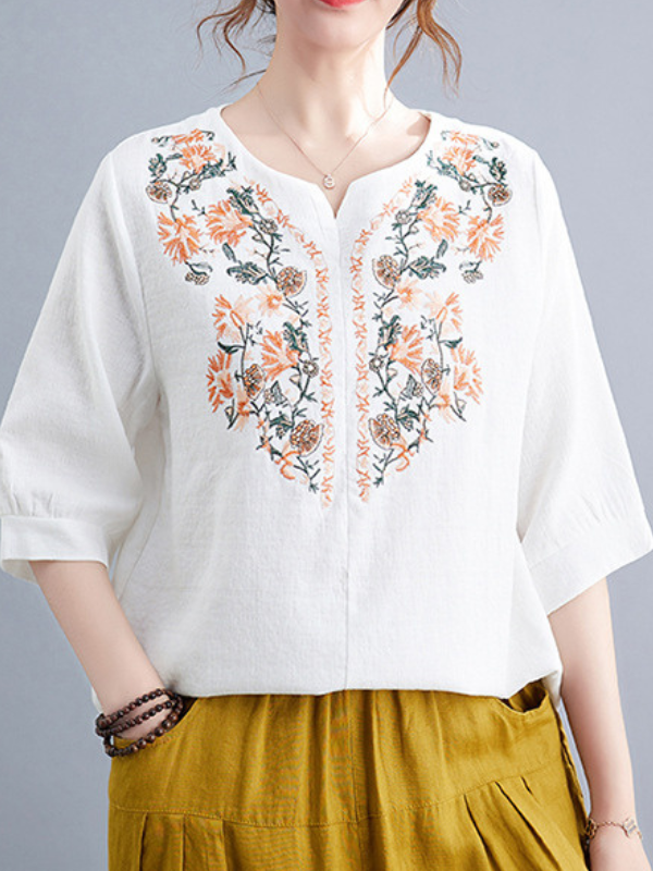 Women's Cotton Linen Blouse Embroidery Floral Pattern Vintage Shirt Crew Neck Mid Sleeve Top