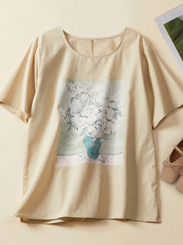 Women's Cotton Linen T-Shirt Vintage Floral Print U Neck Loose Oversize Top