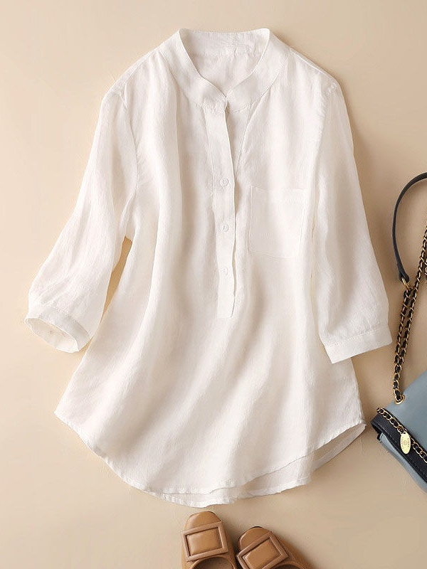 Women's Cotton Linen Shirt Stand Collar Front Pocket Mid Sleeve Ladies Linen Blouse Top