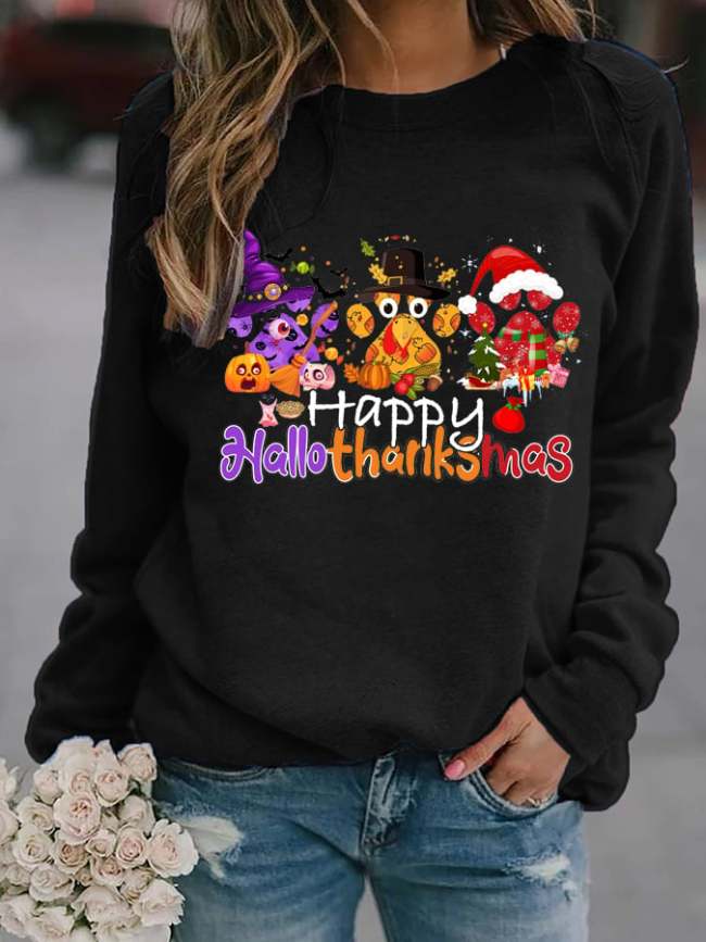 Women Happy Hallothanksmas Dog Paw Print Sweatshirt