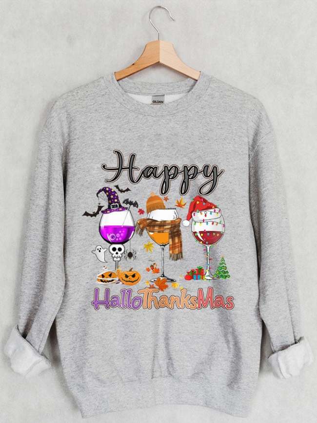 Women Happy Hallothanksmas Front and Back Print Sweatshirt
