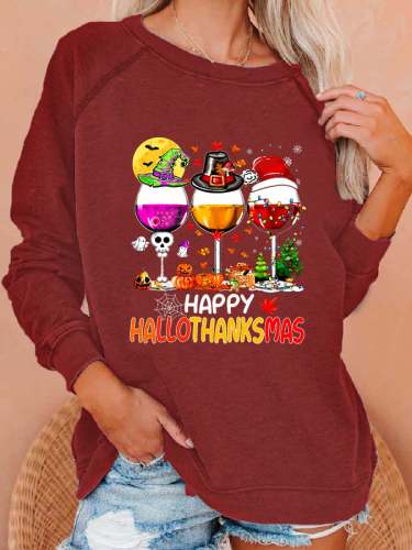 Women Happy Hallothanksmas Wine Print Sweatshirt