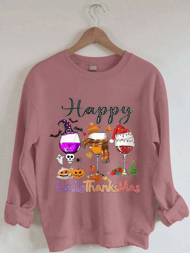 Women Happy Hallothanksmas Front and Back Print Sweatshirt